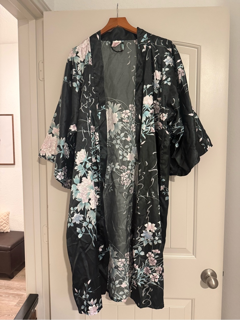 Floral Satin Kimono Jacket - Black with Pastel Floral